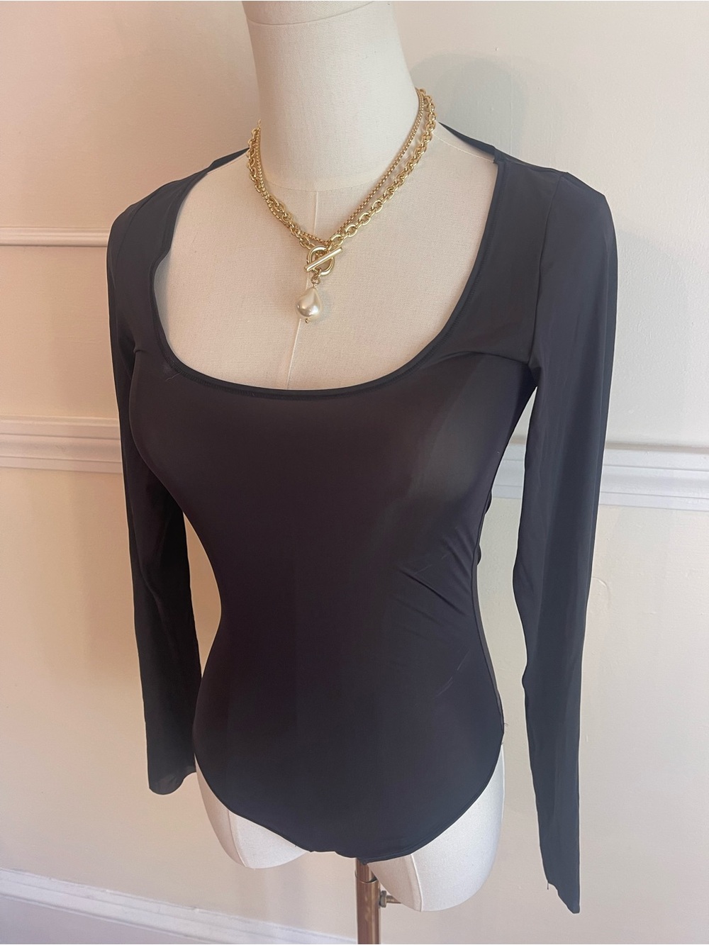 SKIMS Black Long-Sleeve Scoop Neck Bodysuit